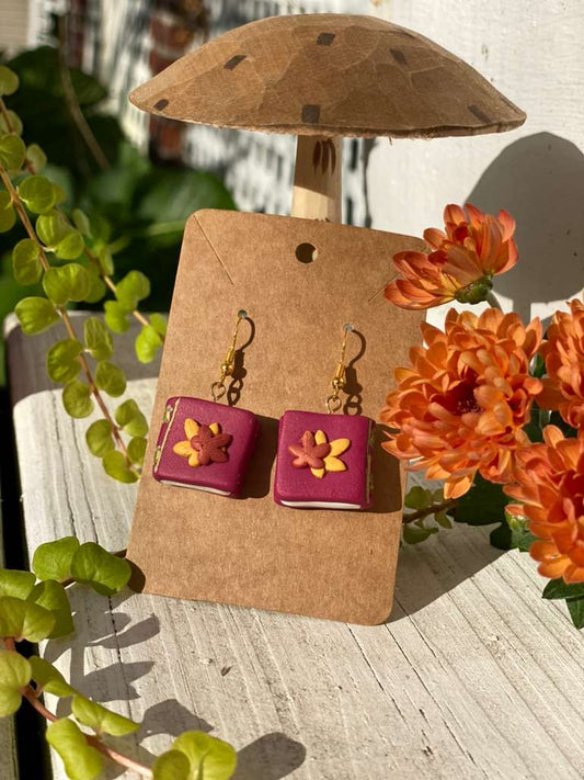 Autumn Leaves Book Earrings Burgundy